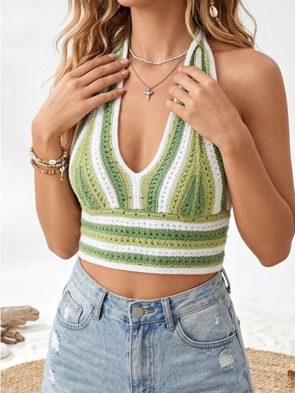 Hollister Crochet Halter Top Green White Boho Y2K Festival Crop Cami Knit XS